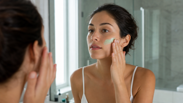 woman putting on green primer on face