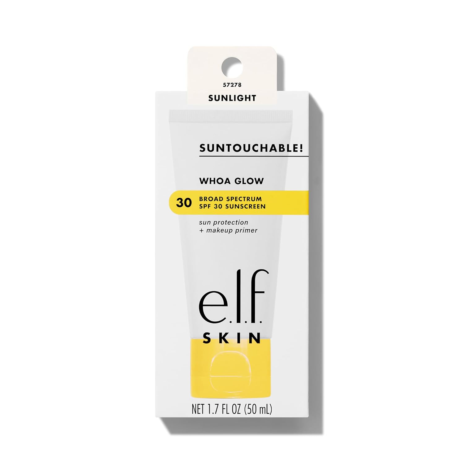 e.l.f. SKIN Suntouchable Whoa Glow SPF 30, Sunlight: Woman in her late 50s applying a peachy shimmer glow serum to her c