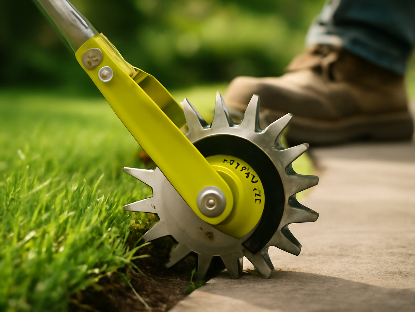 58-Inch Manual Edger Lawn Tool, Wheel Rotary Edger: A person pushing a G GREENLY-AG manual rolling lawn edger along the