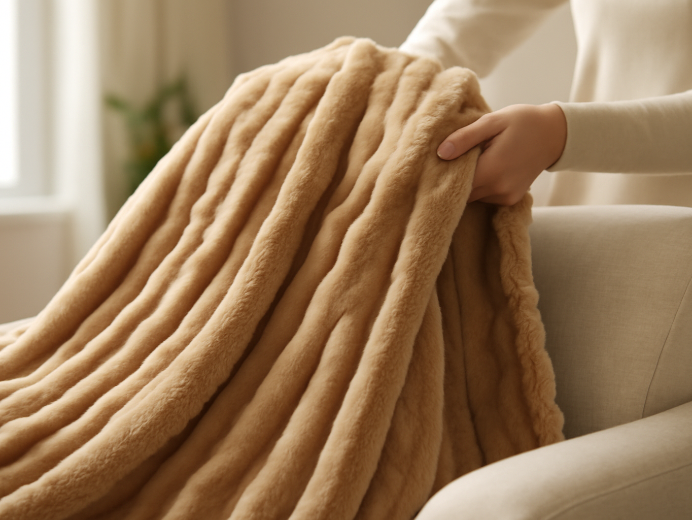 NEWCOSPLAY Fleece Ribbed Cozy Throw Blanket for Couch, Brown, 50"x60": A woman draping a warm brown ribbed fleece throw
