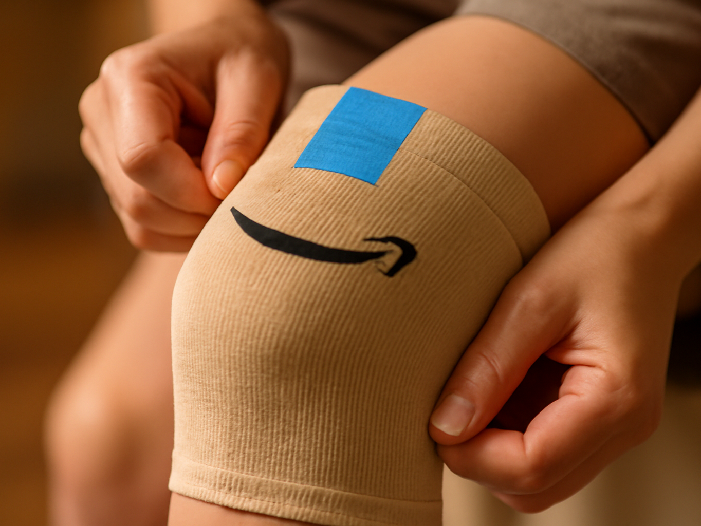 Bamboo Knee Compression Sleeve Review: A woman pulling a soft bamboo knee compression sleeve over her knee at home, shal