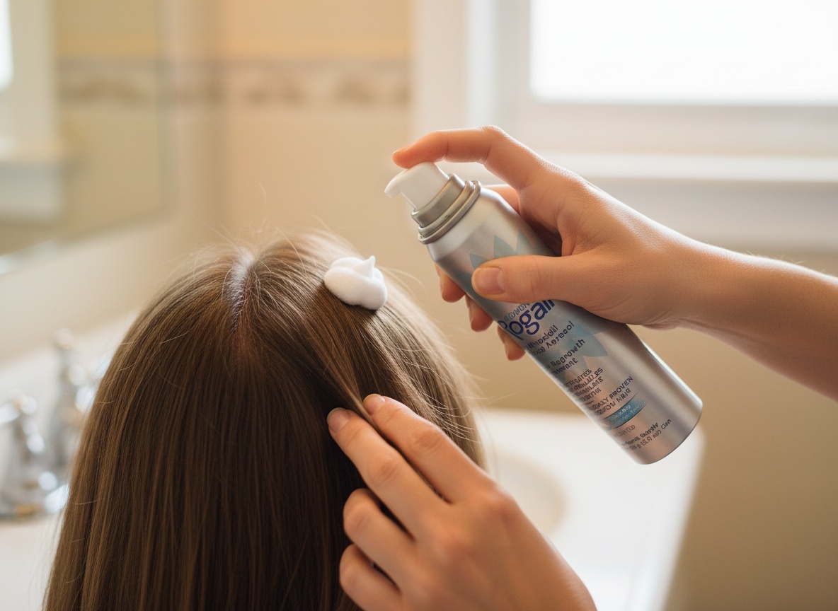 Women's Rogaine Hair Growth Foam, 5% Topical Minoxidil, 4 Mo, 2x 2.11 Oz: A woman parting her hair in front of a bathroo