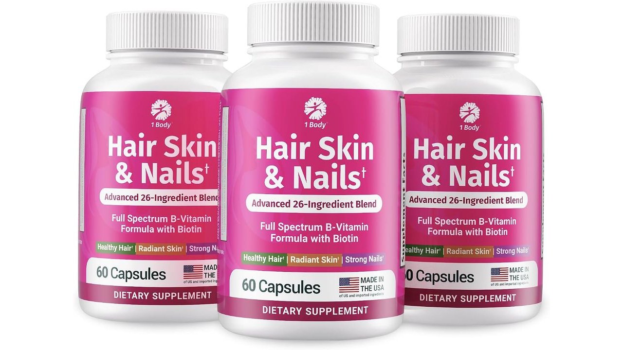 1 Body Hair Skin & Nails with Biotin, Vegan Vitamins, 3 Pack