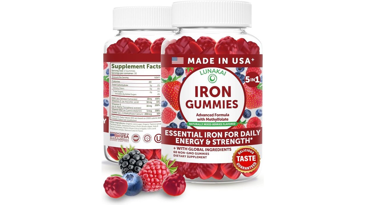 Lunakai USA Made Vegan Iron Gummies, Non-GMO, 60ct