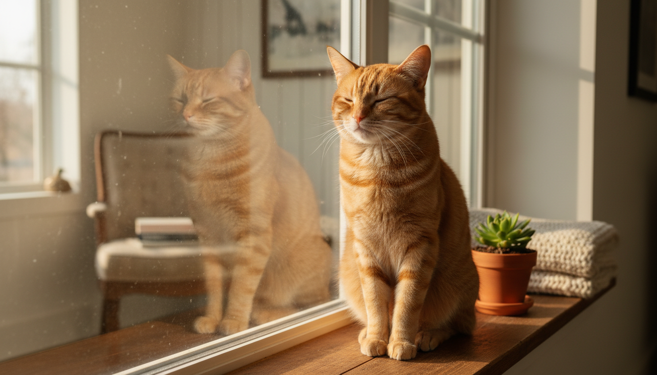 happy orange cat looking in window
