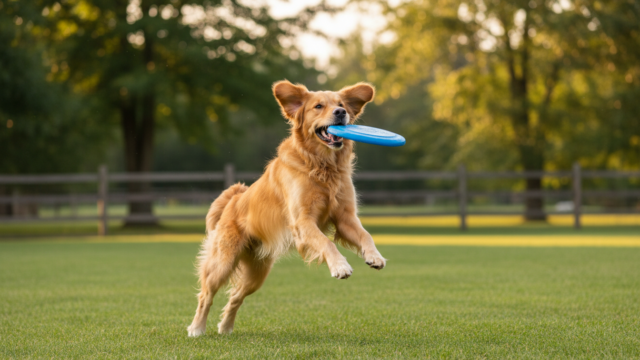 Happy healthy dog catching a frisbee