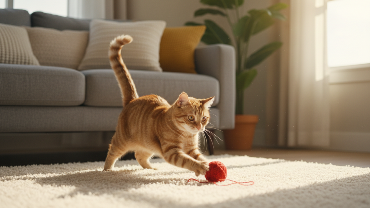 healthy cat playing with a ball