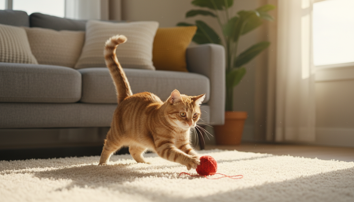healthy cat playing with a ball