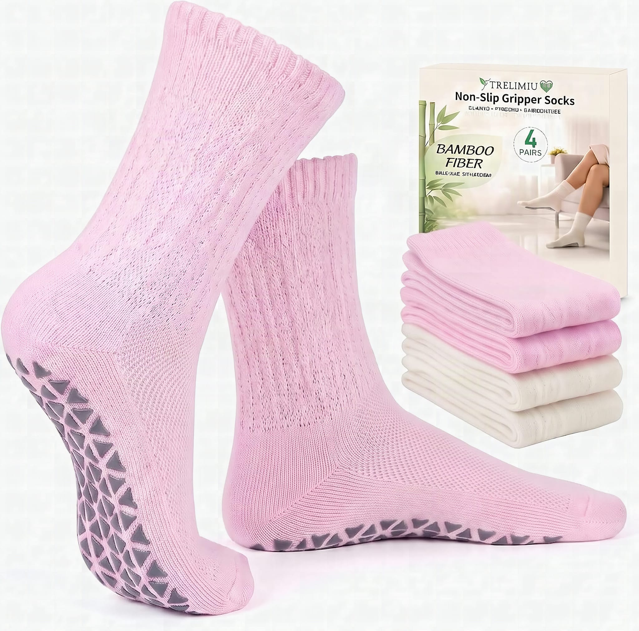 Diabetic Socks with Grippers for Women - 4 Pairs Soft Viscose Blend Hospital Grip Socks, Non-Slip Crew Socks with Non-Bi