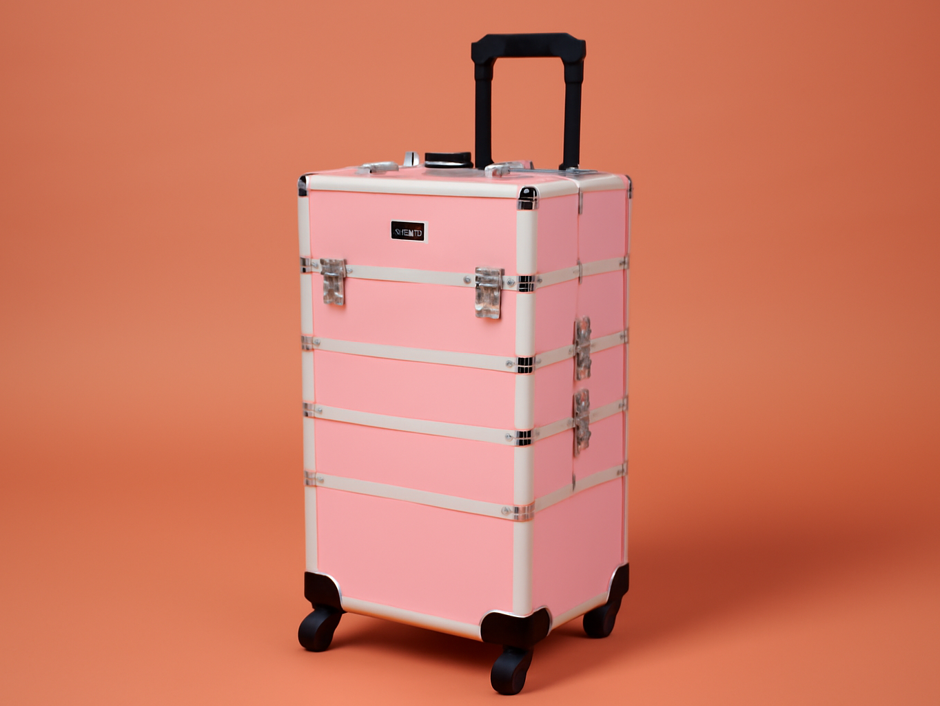 mefeir 4 in 1 Rolling Makeup Train Case, Aluminum Makeup Travel Organizer Cosmetic Case, Cosmetology Display Suitcase on Wheels, Beauty Storage Luggage Lockable w/4 Removable Wheels (Pink) Back to School sale deal image 1