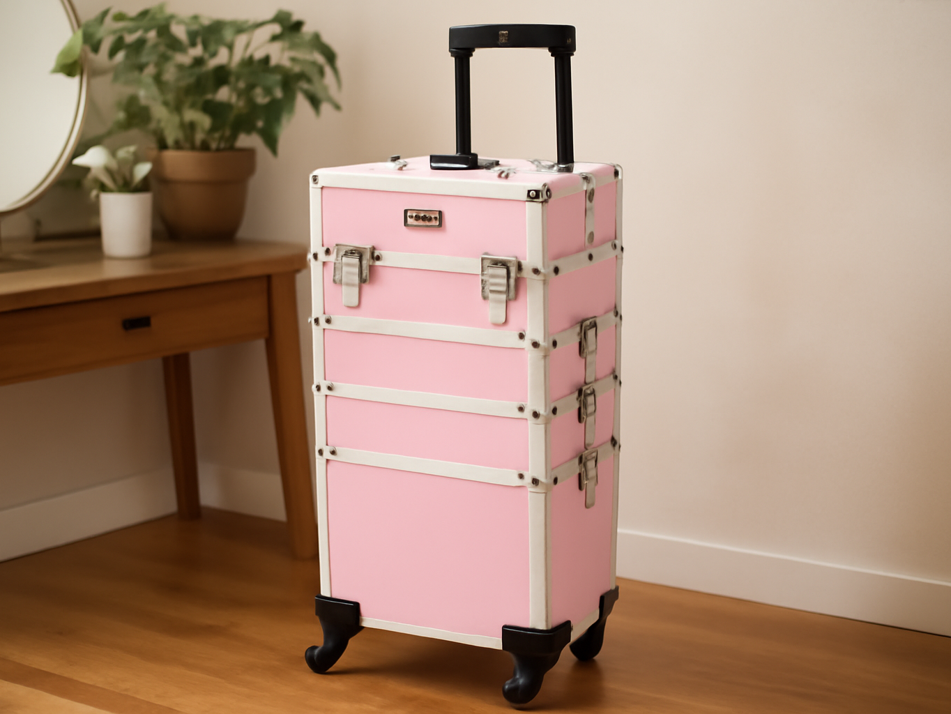 mefeir 4 in 1 Rolling Makeup Train Case, Aluminum Makeup Travel Organizer Cosmetic Case, Cosmetology Display Suitcase on Wheels, Beauty Storage Luggage Lockable w/4 Removable Wheels (Pink) Back to School sale deal image 2