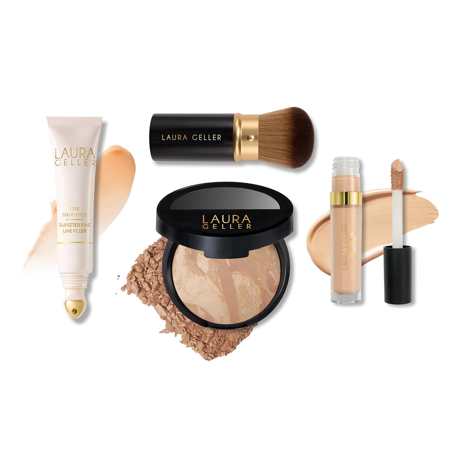 LAURA GELLER Line Smoother Full Face Kit | Line Smoother, Balance-n-Brighten Foundation, Ideal Fix & Retractable Kabuki