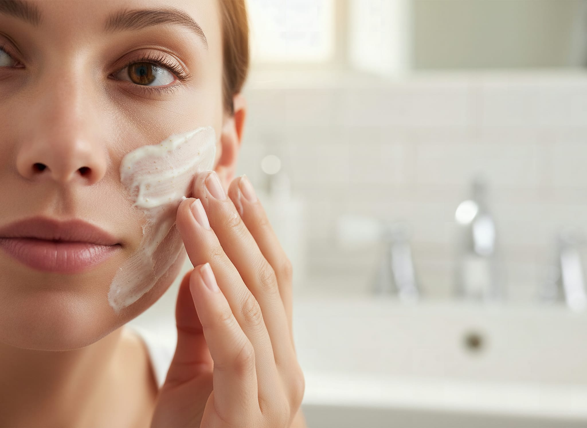 Gentle Moisturizing Scrub & Mask: A woman applying pale oatmeal granule scrub to her cheek at a bright bathroom sink, sh