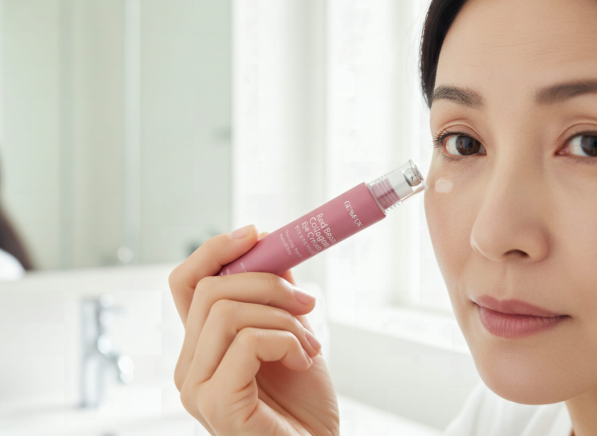 Red Bean Collagen Eye Cream, 1.01 fl. oz.: A woman over 50 gently rolling a Glamfox Red Bean Collagen eye cream applicat