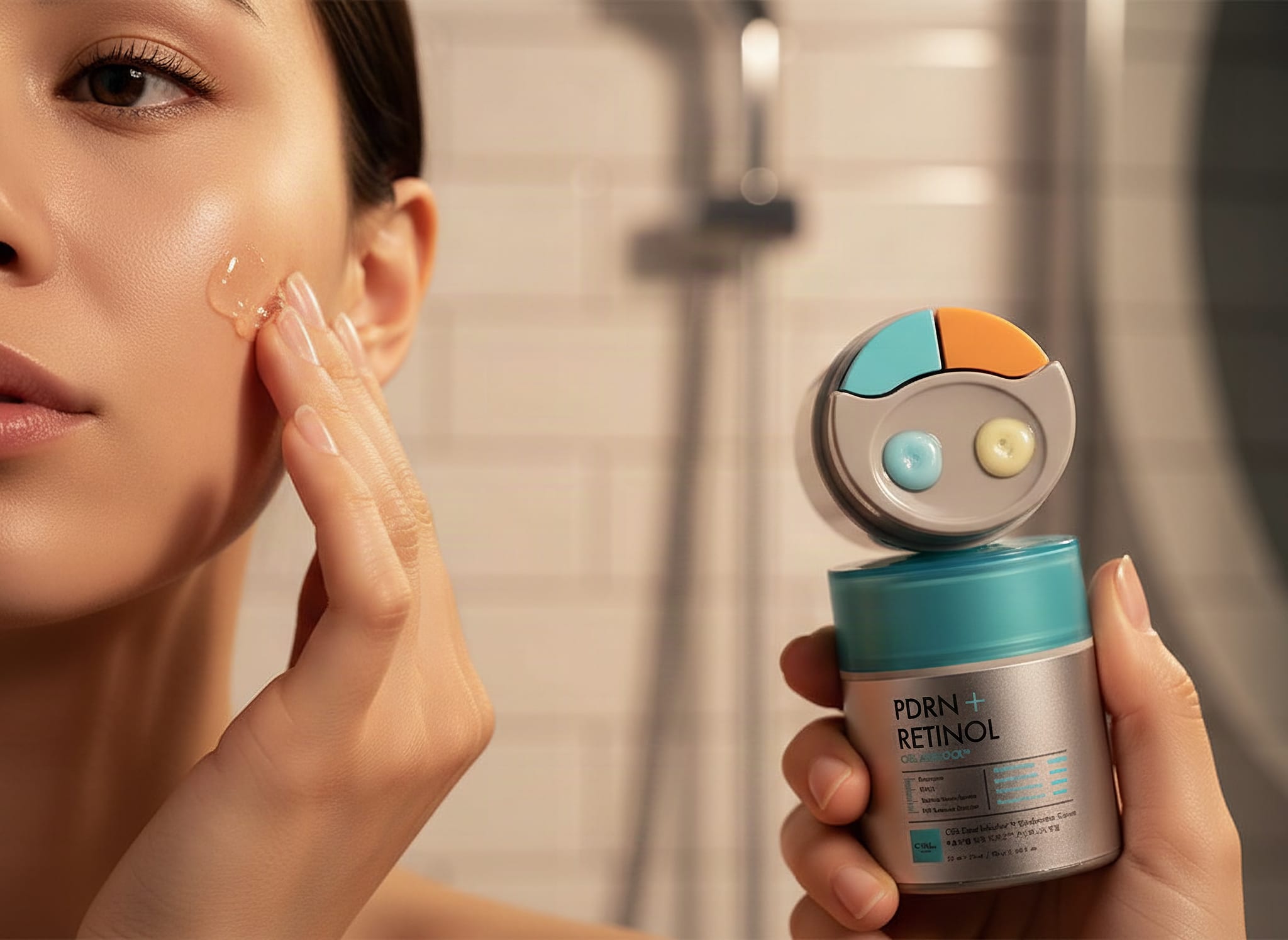 Korean Clinical PDRN Firming Serum Review, Can Salmon DNA Actually Firm Aging Skin?: A woman applying a jelly-textured K