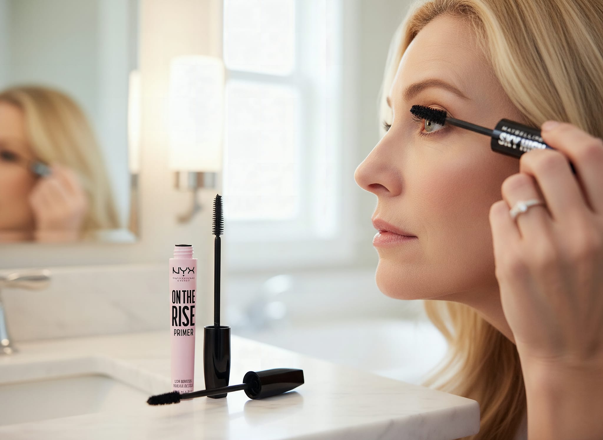 NYX PROFESSIONAL MAKEUP On The Rise Lash Primer, Eyelash Booster: A woman in her 50s applying Maybelline Sky High mascar