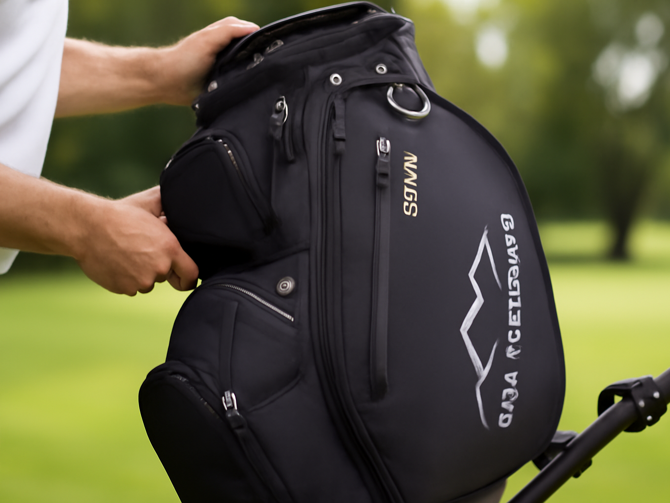A Detailed Look At The Sun Mountain Sync Golf Bag From a Golfers Perspective!: A golfer lifting the Sun Mountain Sync ca