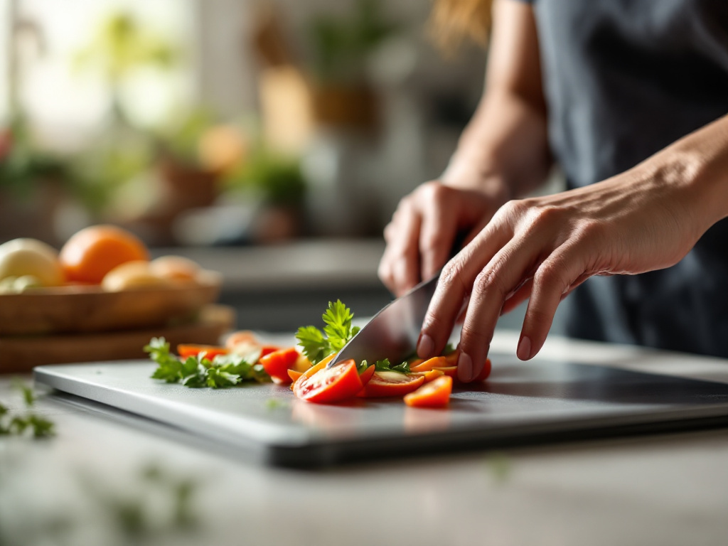 Lets look at this titanium cutting board!: A woman slicing vegetables on a thin silver titanium cutting board on a brigh