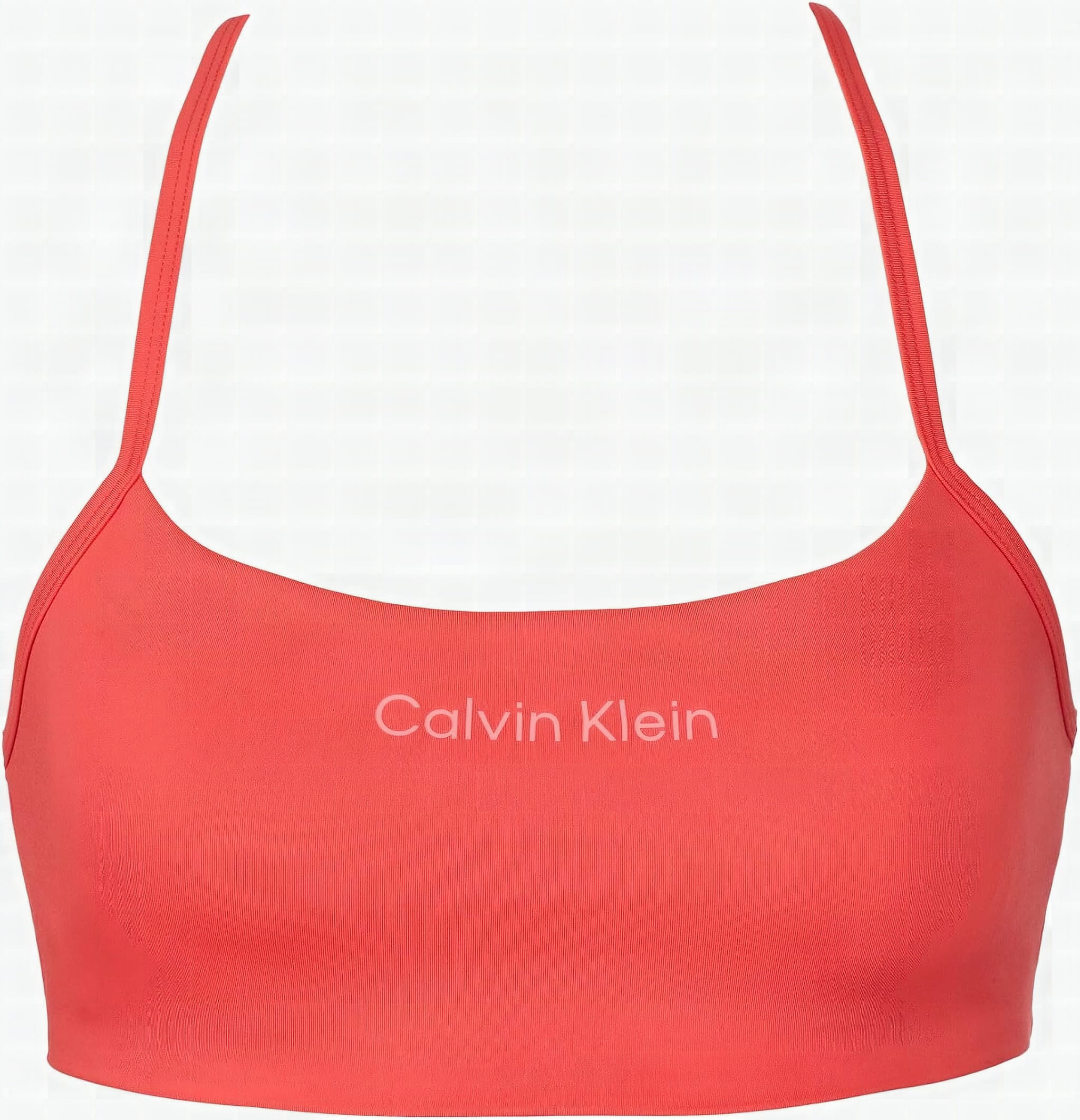 Calvin Klein Performance Sports Bra 2 Pack, Microfiber Stretch, Medium, Pink/Taupe: Woman trying on a bluey gray Calvin