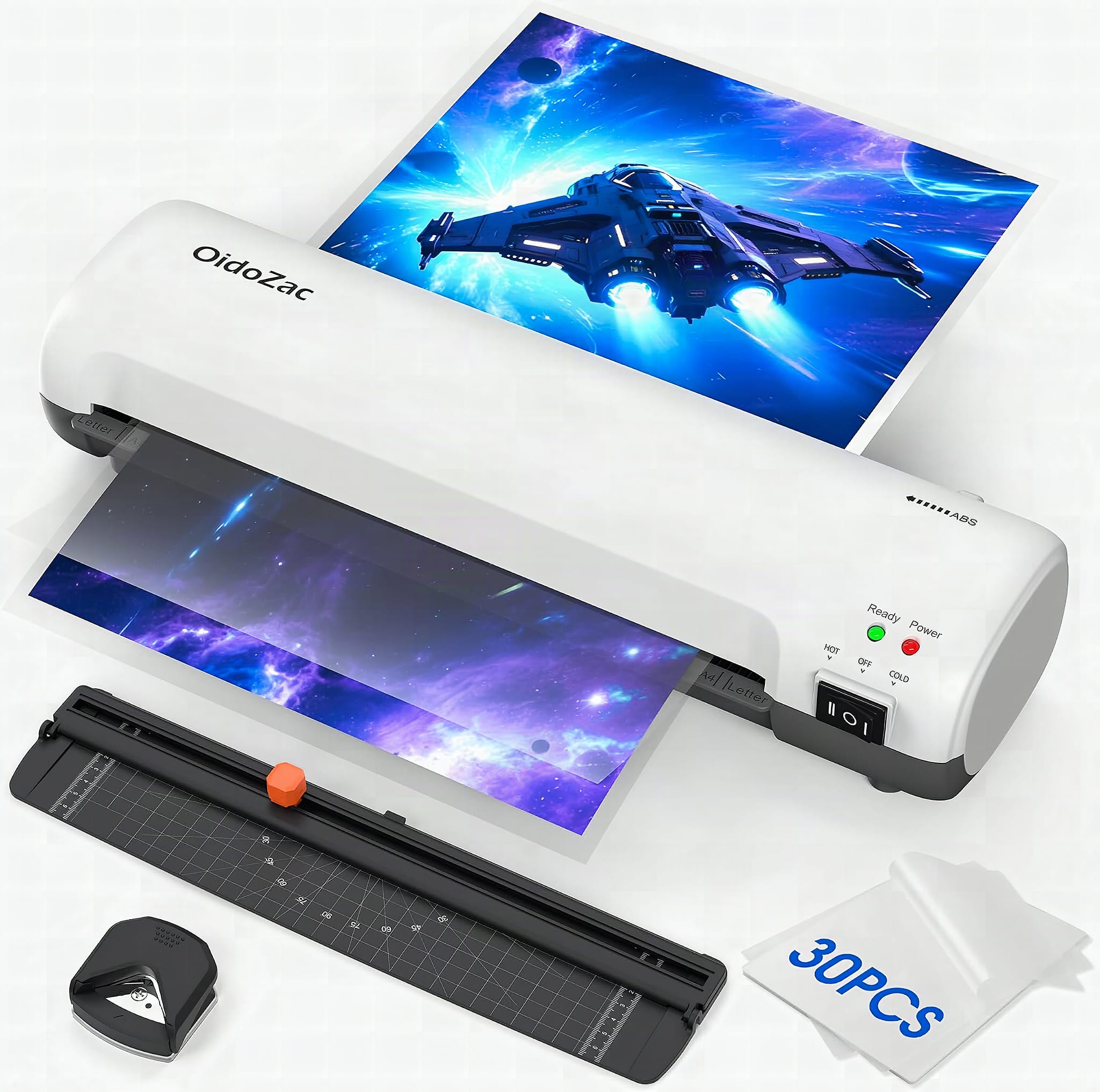 9 in Laminator Machine with 30 Laminating Sheets, A4/A5/A6: A woman's hands feeding a laminated card into a compact 9-in