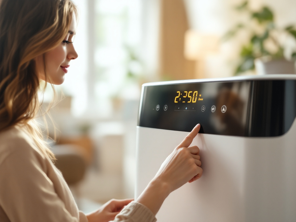 You Won't Believe How Good This Dehumidifier Looks: Woman adjusting the control panel of a sleek white dehumidifier in a
