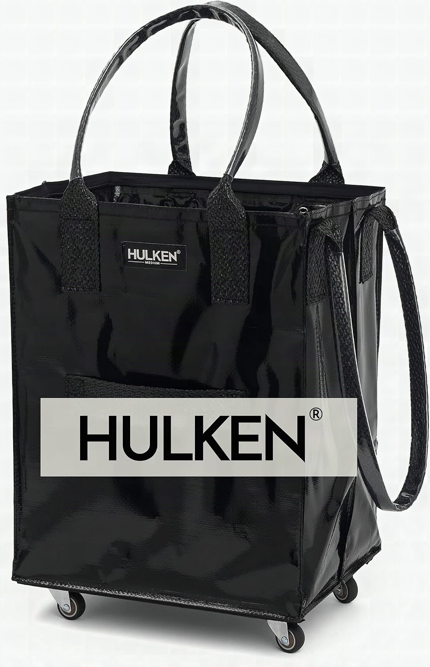HULKEN - Medium Black, Reusable Grocery Bag On Wheels, Holds 66 lb: A woman rolling a black HULKEN tote bag with visible