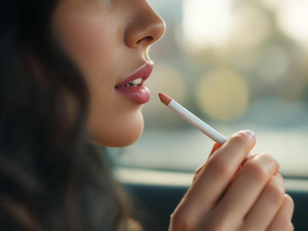 e.l.f. Pout Clout Lip Plumping Pen, Toasted: A woman applying a slim neutral nude tinted lipstick while seated in a car,