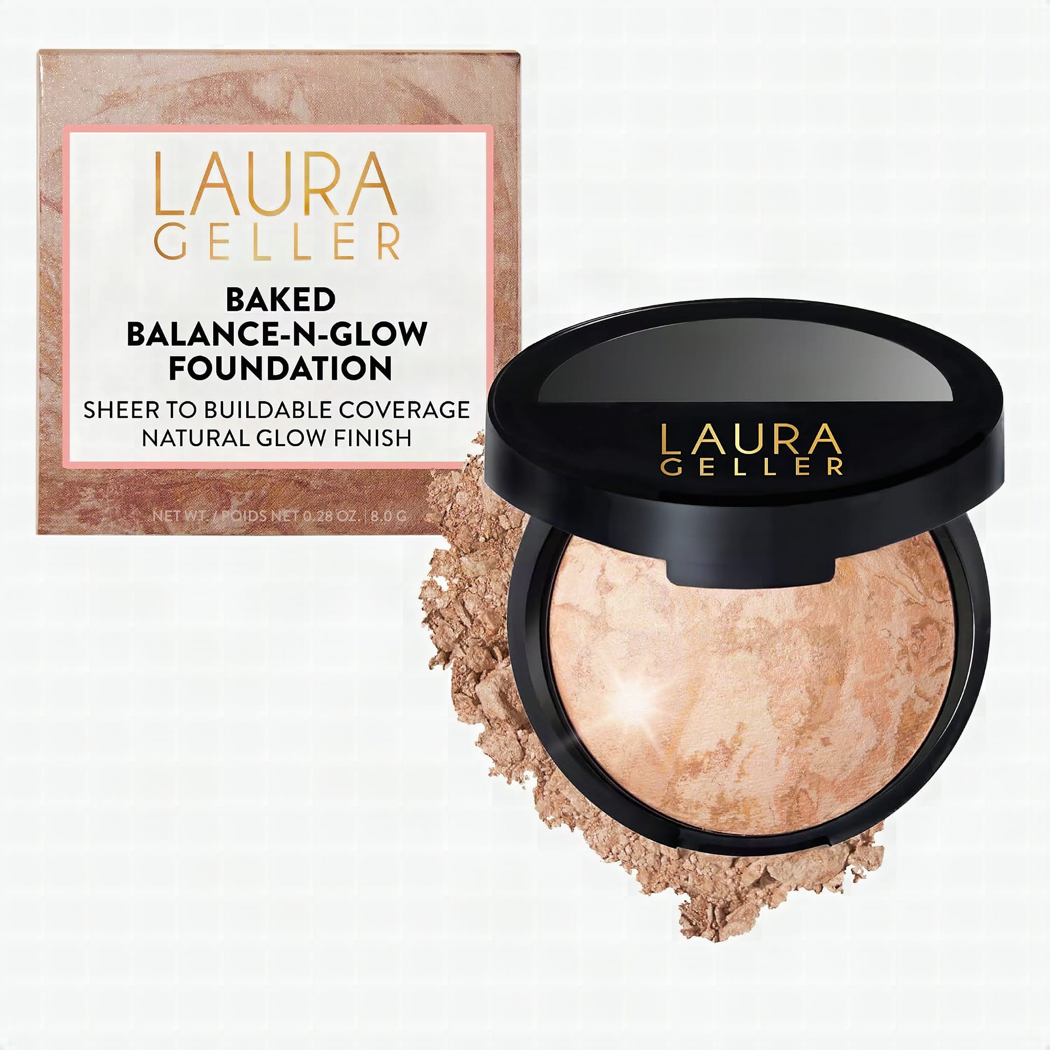 LAURA GELLER Baked Balance-N-Glow Illuminating Powder Foundation - Fair: Woman applying marbled powder foundation with a