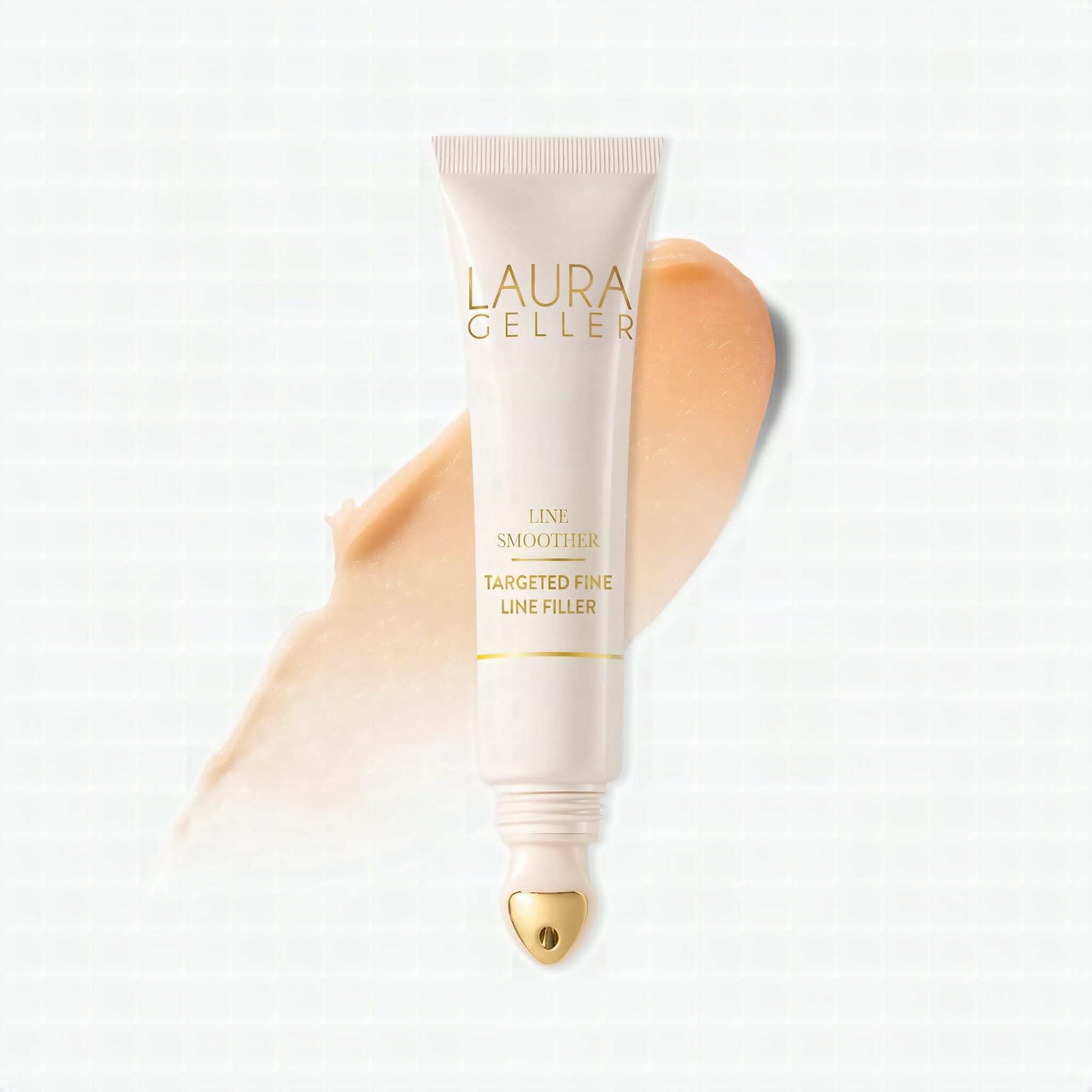 LAURA GELLER Line Smoother Targeted Fine Line Blurring Primer: A woman patting a small amount of Laura Geller Line Smoot