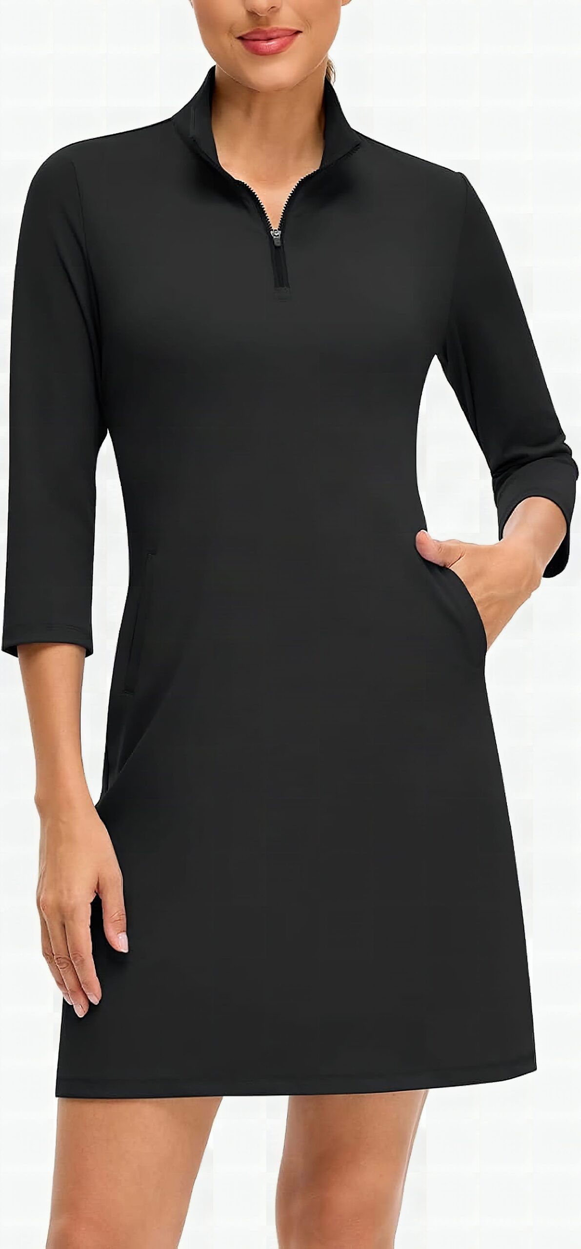 WOWENY Golf Dresses for Women Long Sleeve 1/4 Zip Tennis Dress with Shorts and Pockets UPF 50+ Workout Athletic Dress: W
