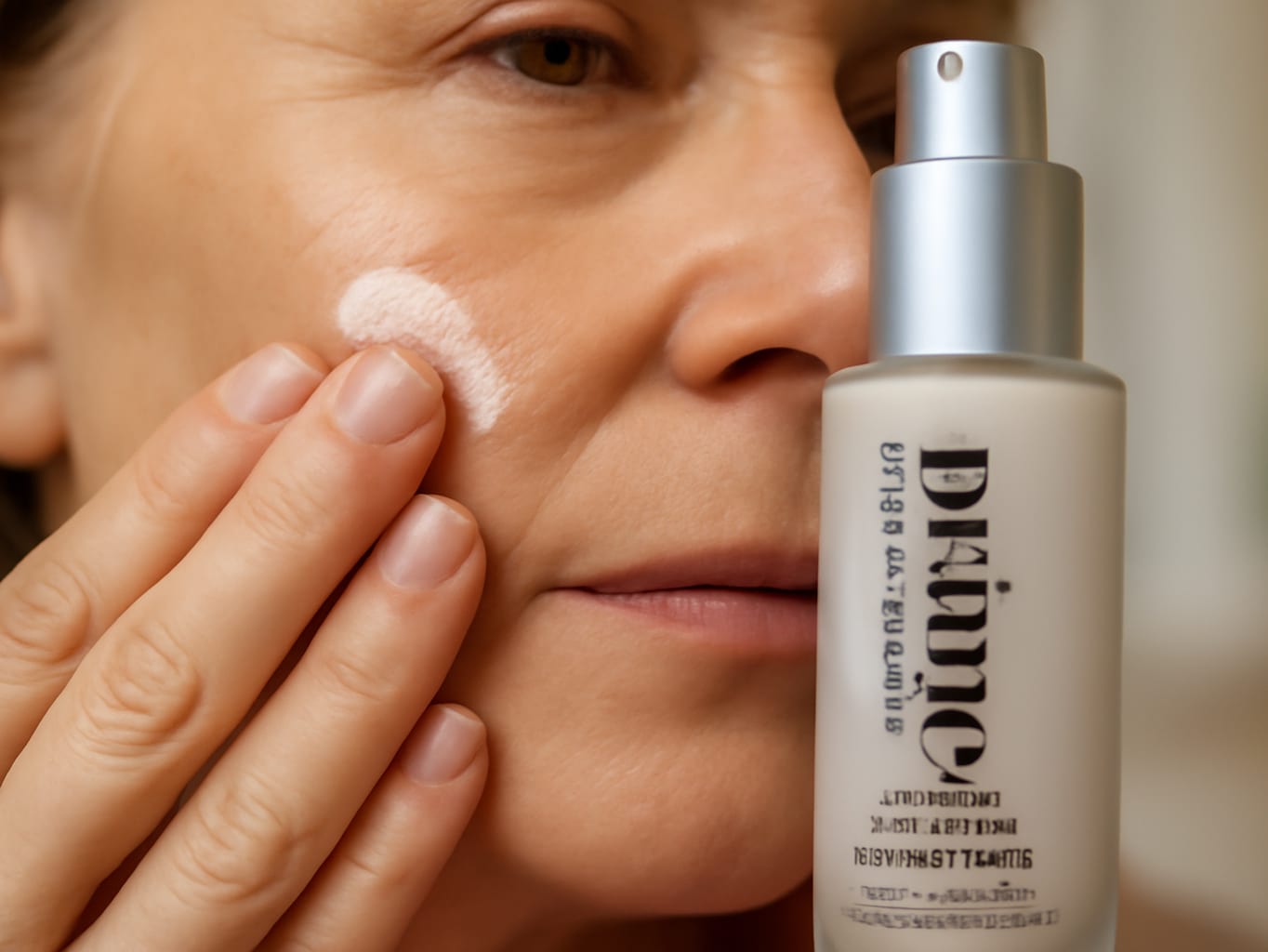 Prime Prometics Color Changing Foundation for Mature Women: Woman in her fifties blending a dot of white-to-beige color