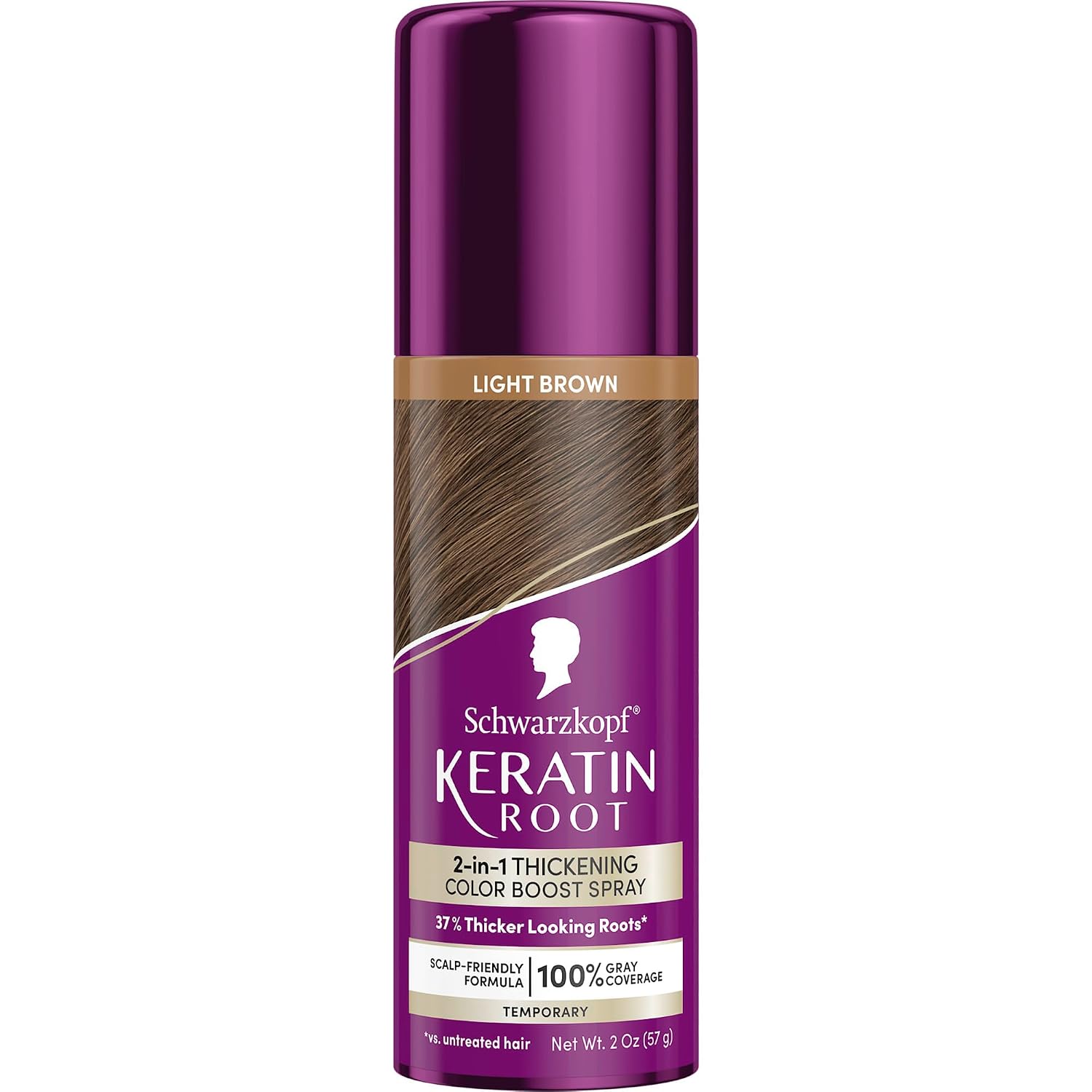 Schwarzkopf® Keratin Root Light Brown Temporary Color & Thickening Spray: A woman in her late fifties holding a mirror a