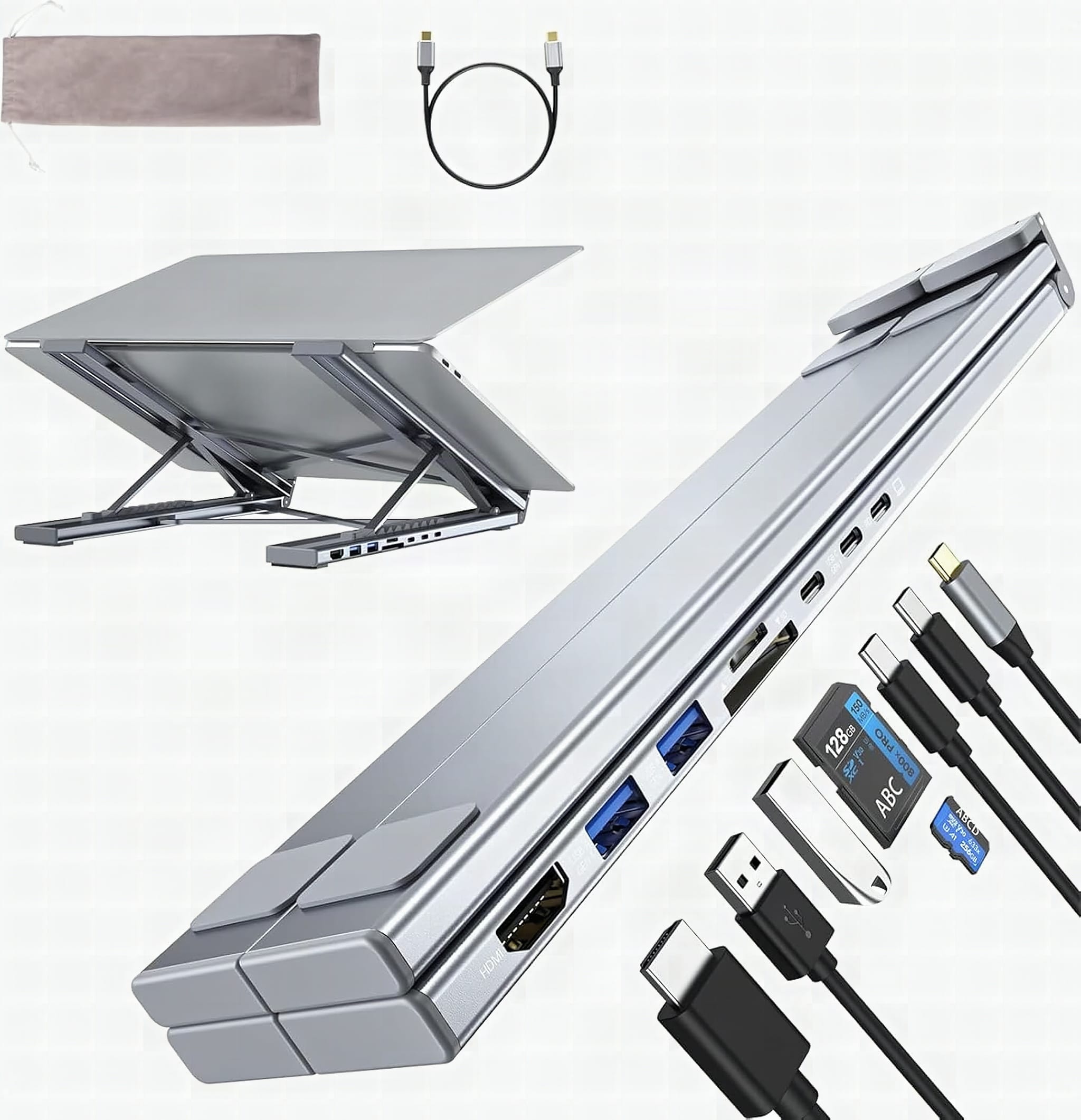 Laptop Stand with Docking Station, 8 in 1 USB C Hub HDMI Portable Laptop Stand for Desk with USB Ports, Multiport USBC D