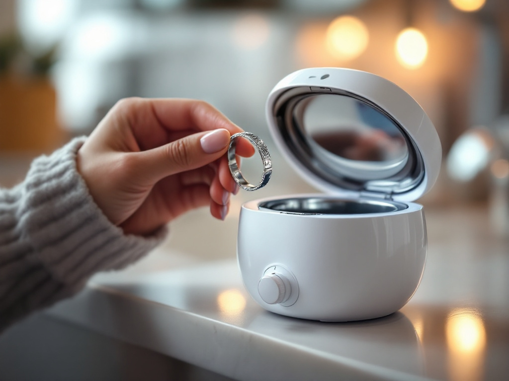 Jewelry Cleaner, KUNPHY 48kHz Ultrasonic Cleaner, White: A woman lifting a shiny silver bracelet out of a small ultrason