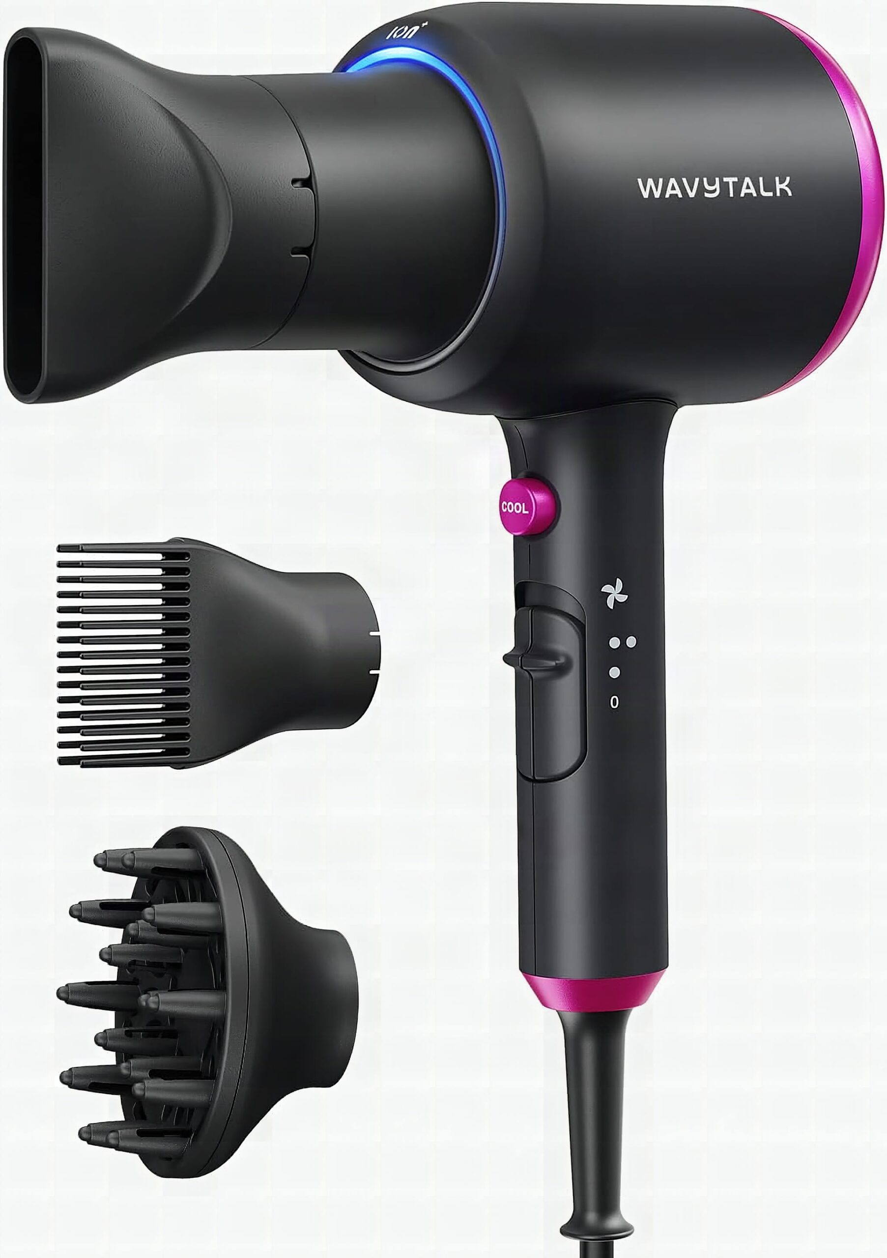 Wavytalk Blown Away Ionic Hair Dryer with Diffuser for Curly Hair: A woman in her late fifties blow-drying her shoulder-