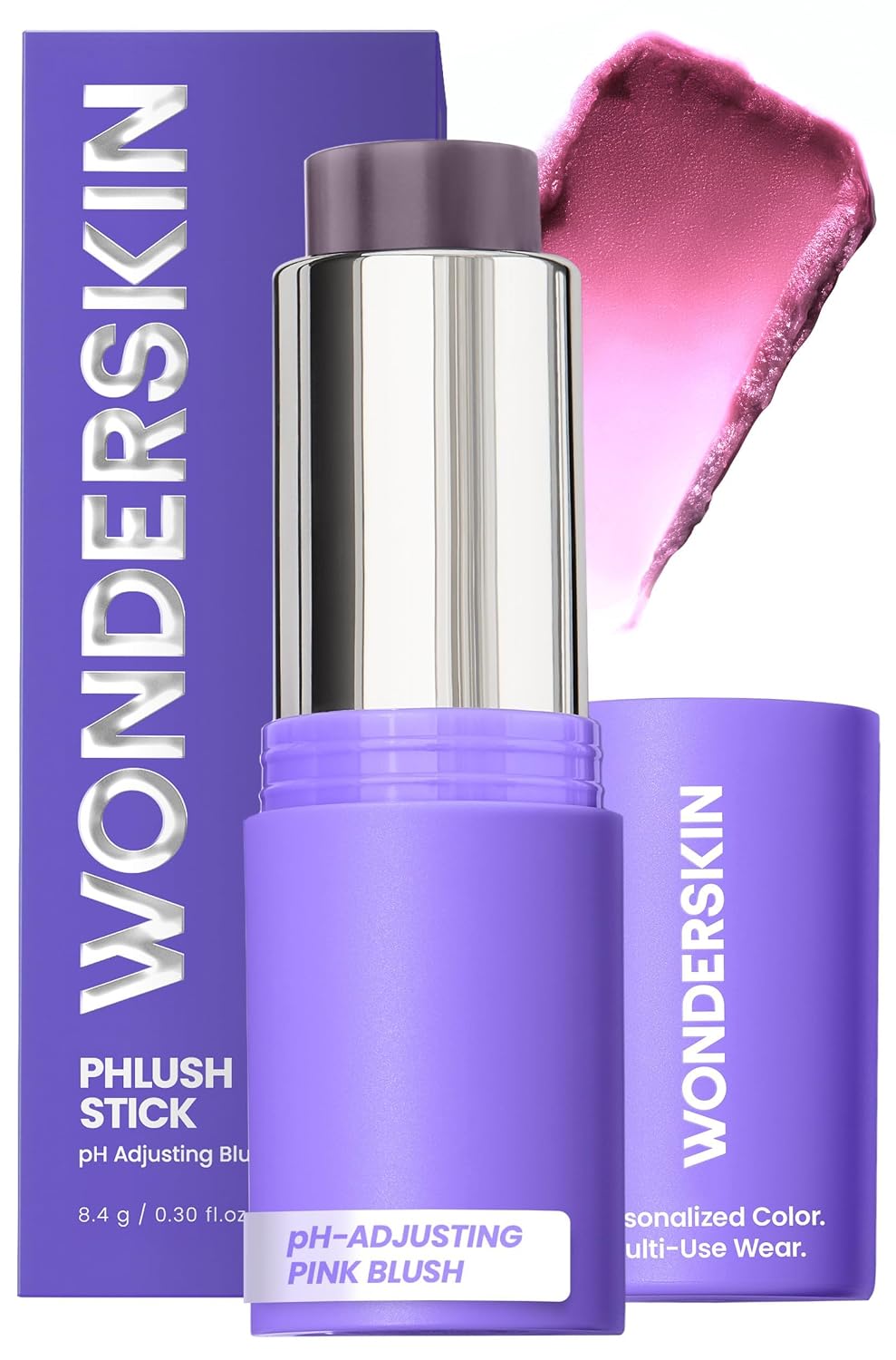 Wonderskin Cream Blush Stick pH-Activated - pHlush Stick, Blush for Cheeks: Woman in her 50s swiping a slim grey cream b